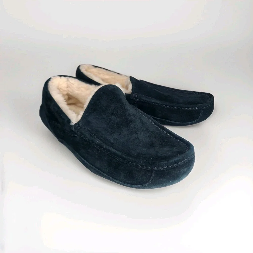 UGG Men's Ascot Slippers Indoor Outdoor Black Suede Slip On Shoes‎ Sherpa 10